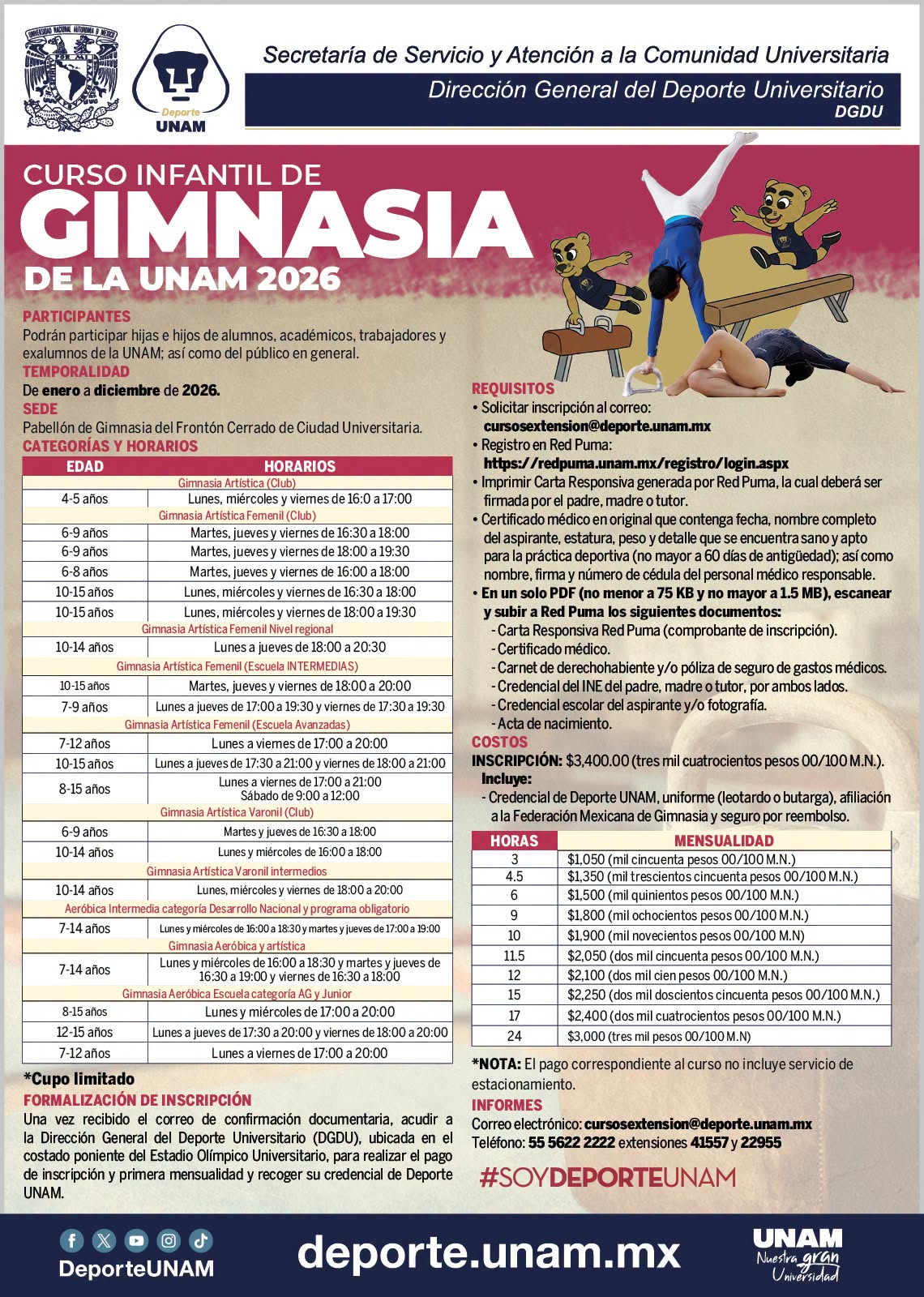 Curso infantil de gimnasia UNAM 2026